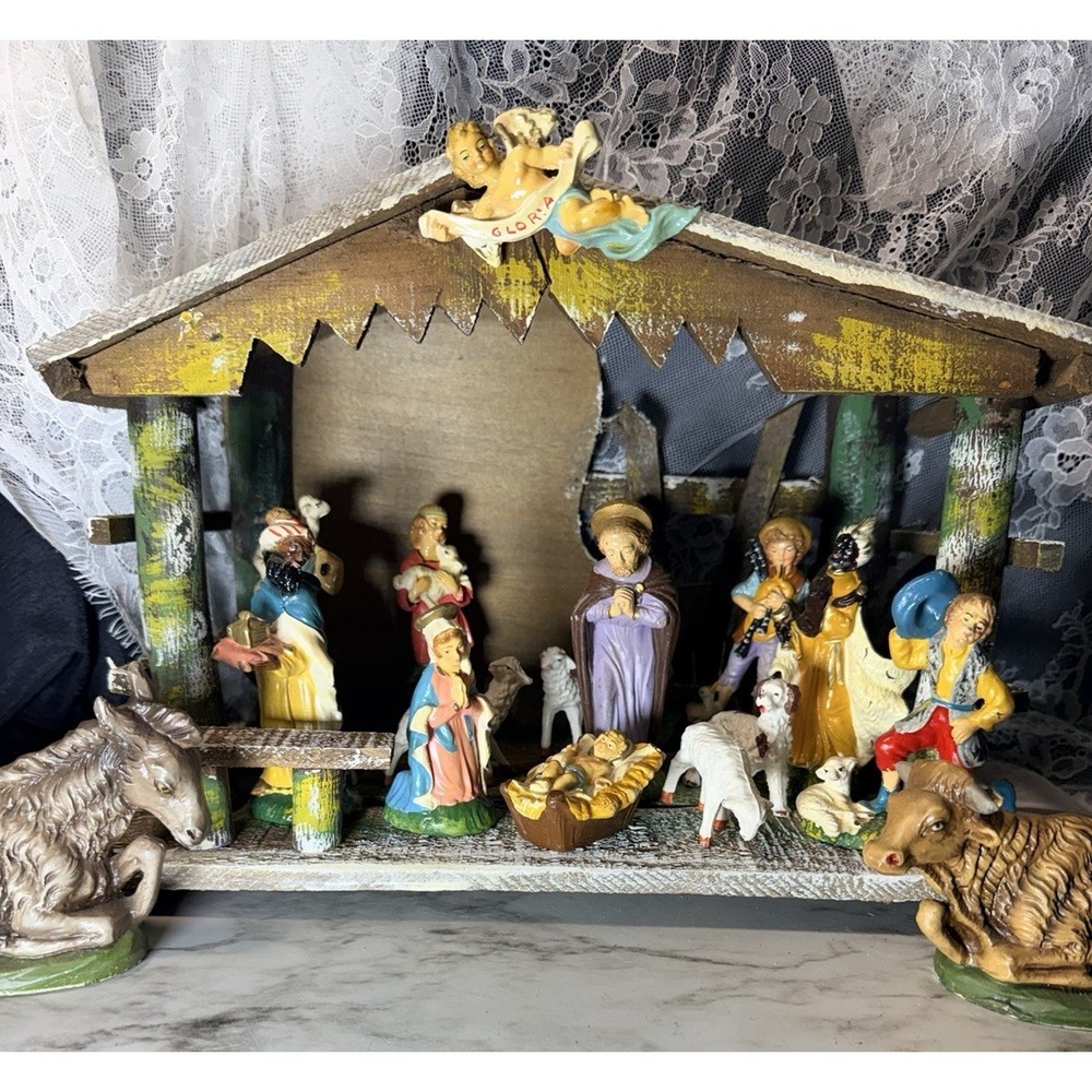 VTG 18PC Nativity Scene W/ Handmade Building, Animals, Baby Jesus & More (P2932)